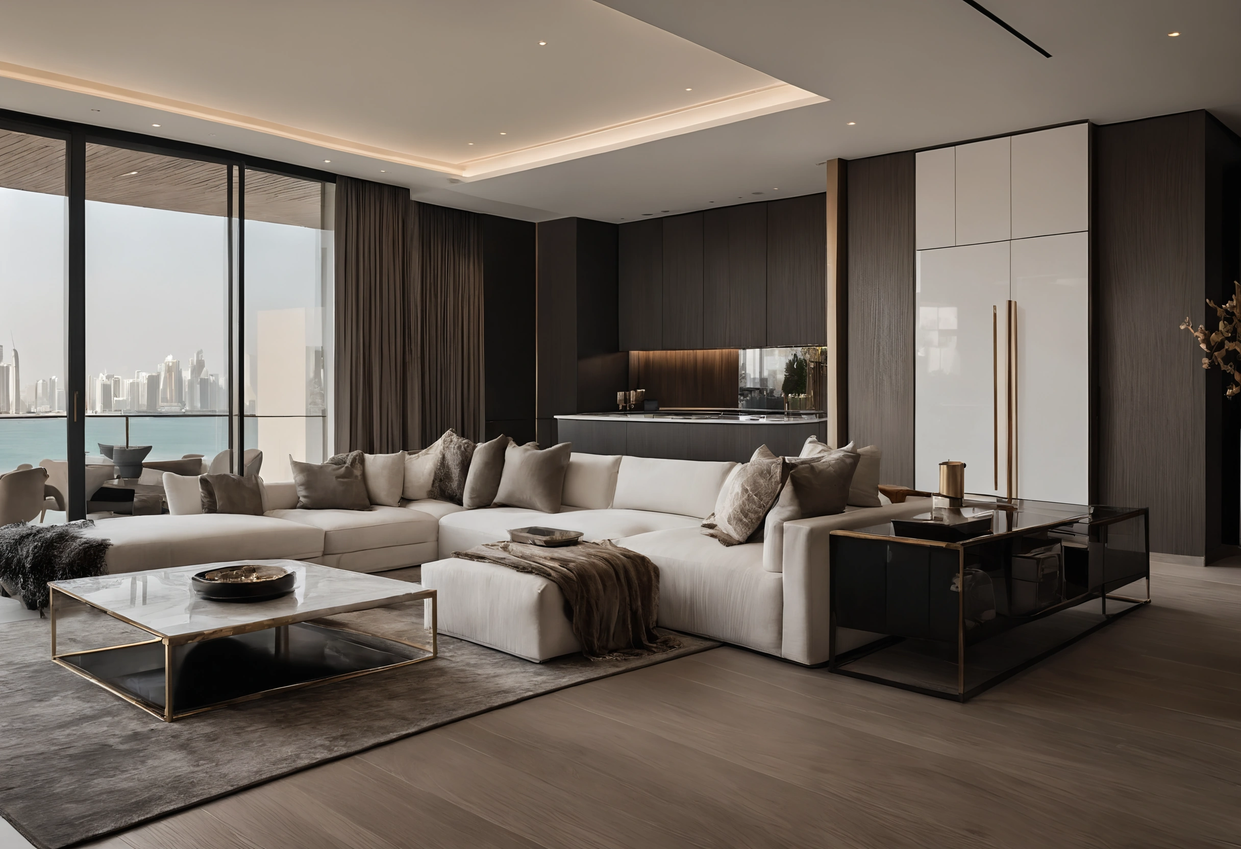 Apartment living room with a white modular sofa, lacquered dark joinery, marble-topped table and a canal and skyline beyond the glass