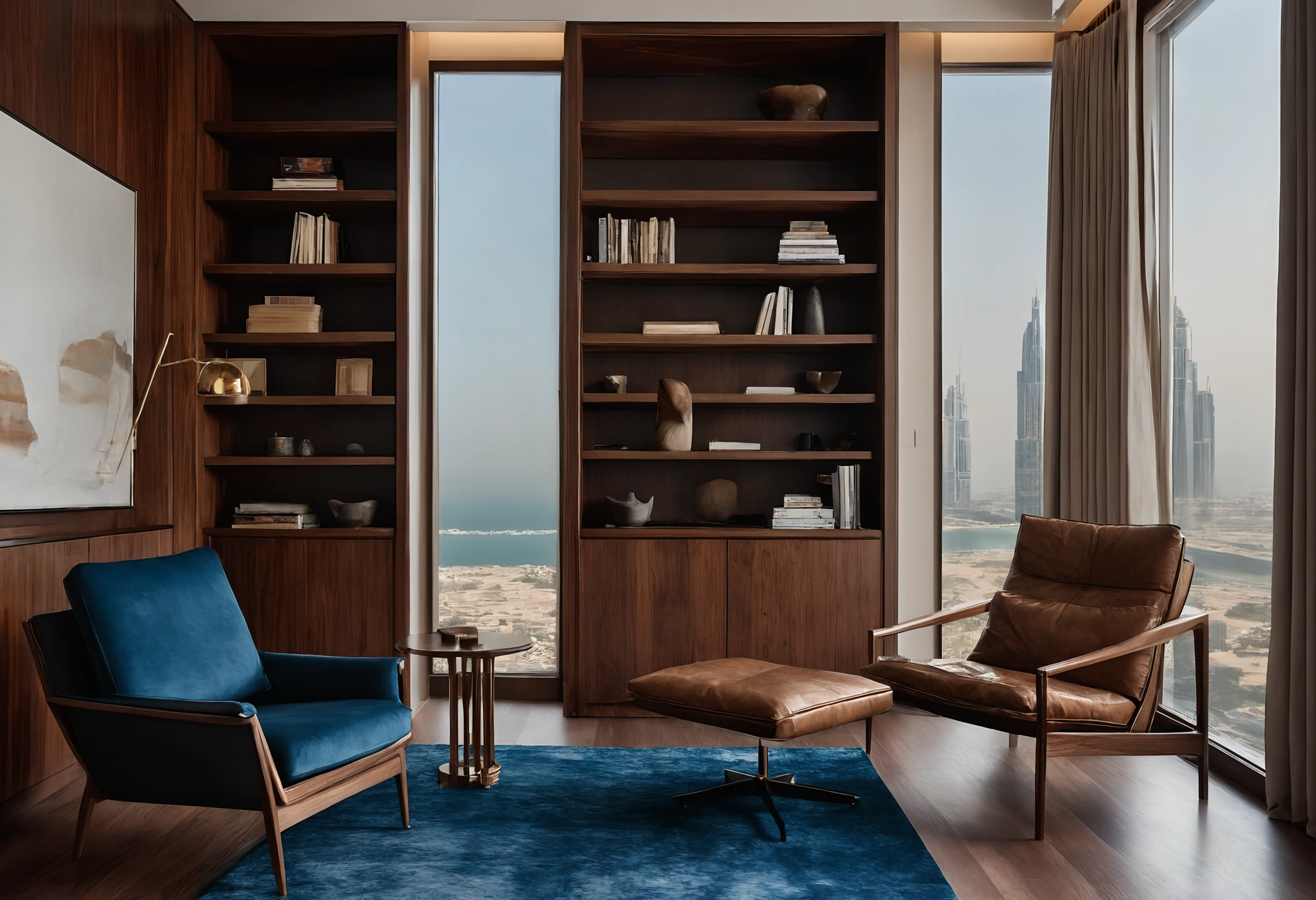Study with walnut shelving, leather and blue velvet armchairs and a view over the water and towers